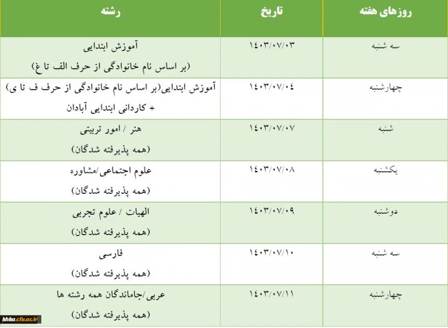برنامه زمان بندی ثبت نام حضوری پذیرفته شدگان آزمون سراسری 1403- مرکزآموزش عالی حضرت خدیجه کبری (س) دزفول 2